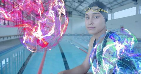 Swimmer near Pool with Floating Neon Orbs, Futuristic Energy
