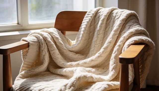 Cream cable knit blanket draping over midcentury armchair basking in warm window light