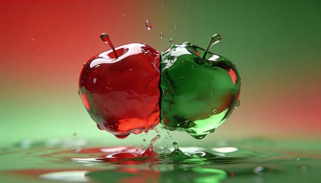 Colliding red and green glass apples creating vibrant crown splash on reflective surface