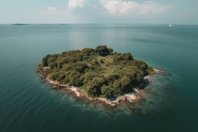 Aerial view of island in sea, with rocks, grass and trees, created using generative ai technology. Nature, tranquility, isolation and landscape concept digitally generated image.