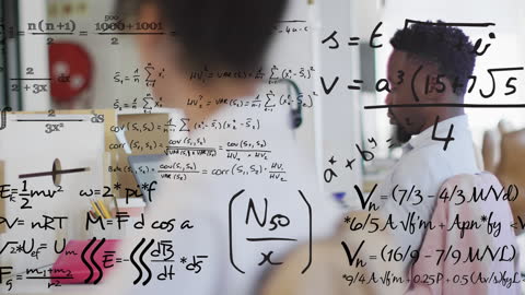 Business Team Collaborating with Superimposed Mathematical Equations