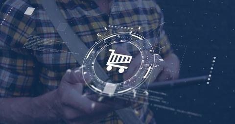 Augmented reality shopping cart hud over tablet man tapping for mobile ecommerce retail