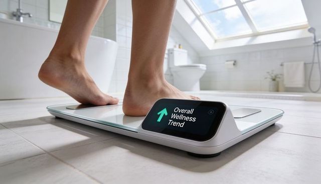 Smart glass bathroom scale showing rising overall wellness trend with bare feet