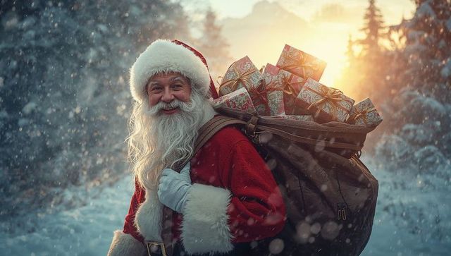 Santa claus carrying gift sack in snowy forest at sunset