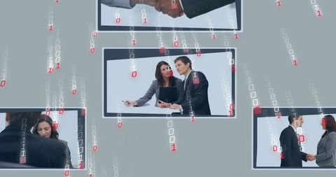 Binary Data Flow Over Team Screens in Digital Networking Environment - Download Free Stock Images Pikwizard.com