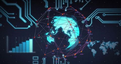 Futuristic Digital Network Globe with Circuit and Data Elements
