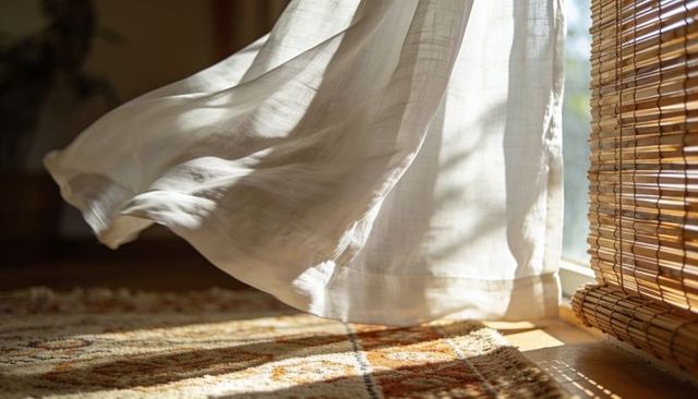 Sunlit sheer curtain billowing over patterned rug with bamboo blind shadow play soft light