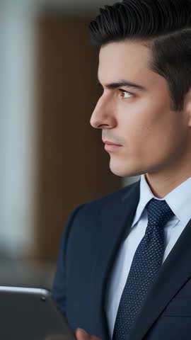 Executive glancing right while holding tablet in navy suit vertical corporate video