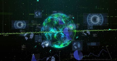 Rotating neon data globe with holographic analytics HUD, network metrics visualization