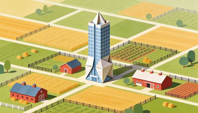 Glass tower centering geometric patchwork farmland with red barns and fenced plots