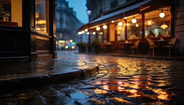 Rain-soaked cobblestone street reflecting warm cafe lights, twilight urban evening mood