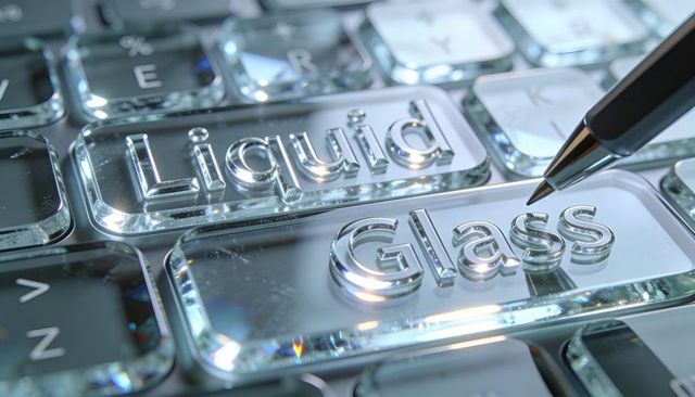 Liquid glass keyboard key close-up with reflective pen tip and metallic stylus macro design