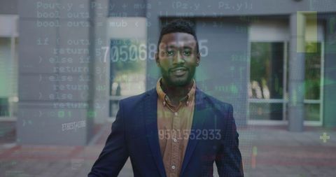 Confident African American Businessman with Futuristic Data Overlay