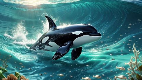 Orca gliding through vibrant ocean waves near coral reef