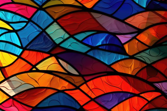 Vibrant stained glass abstract design showcases bold colors in geometric patterns, perfect for use in creative projects, modern art displays, decorative home decor, or illustration purposes.