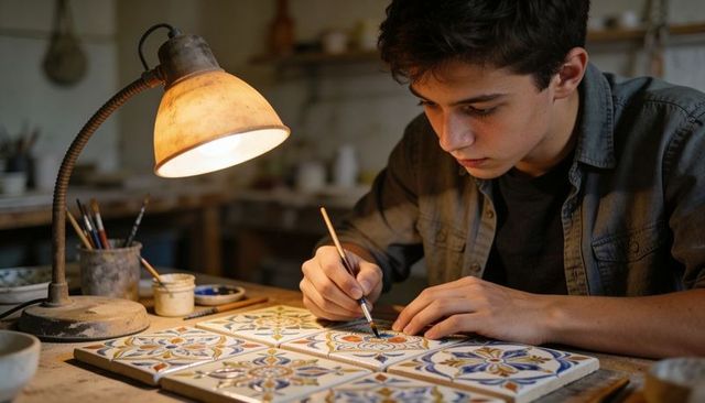 Teen Ceramic Artist Painting Hand-Painted Floral Tiles in Cozy Workshop Under Lamp