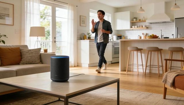 Smart speaker on coffee table with blue led ring and man gesturing in open-plan living space