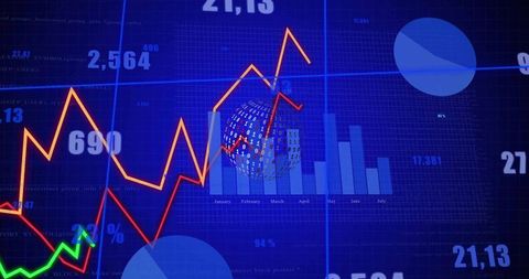 Digital Finance Dashboard Visualizing Time-Series Lines, Monthly Bars and Binary Globe