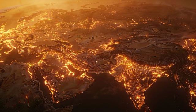 Golden night lights mapping south asia, middle east and arabian peninsula from orbit