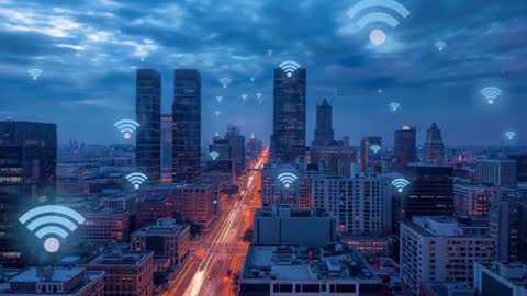 Smart City at Dusk with Expanding Wi-Fi Connectivity