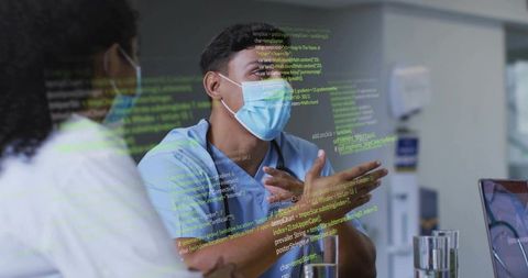 Doctor Discussing in Clinic Office with Programming Coding Overlay