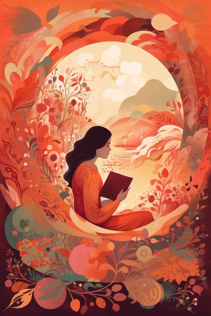 This image depicts a woman engrossed in a book while surrounded by an enchanting and vibrant nature setting. Ideal for illustrating themes of relaxation, imagination, or the connection between literature and nature. Perfect for book covers, wellness blogs, and posters promoting retreats or meditation.