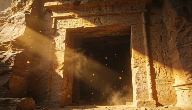 Sunlit ancient egyptian temple entrance revealing hieroglyph carved sandstone archway