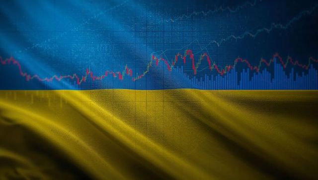 Ukrainian flag overlaid with digital trading chart and data