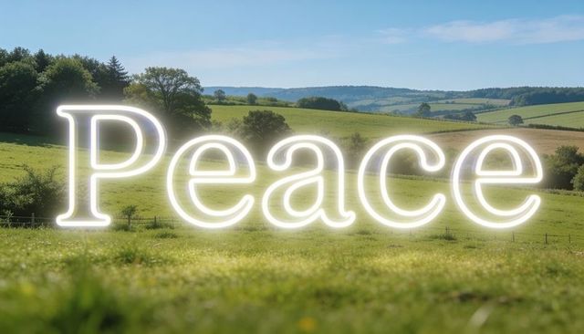 Glowing peace neon sign hovering above sunlit meadow casting soft halo over rolling hills