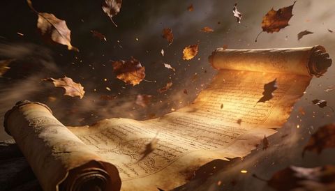 Unfurling ancient map scroll bathed in autumn light with drifting embers and leaves