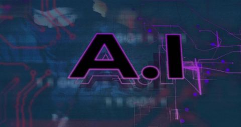 Glowing a.i logo on cyberpunk circuit canvas neon glitch typography poster