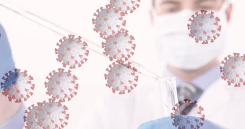Scientist Conducting Research with Virus Cells Overlay During Pandemic