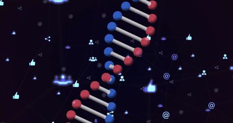 Spinning DNA Strand with Digital Icons Reflecting Global Connections