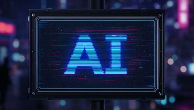 Glowing Cyberpunk LED Sign Showing AI Letters with Scanline Glitch and Neon Street Bokeh