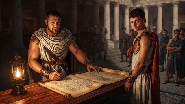 Roman scribe writing official scroll in marble basilica while young officer watches