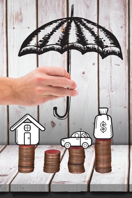 Concept depicts financial security and protection with a hand holding an umbrella over house, car, and money icons placed on stacks of coins. Ideal for illustrating themes related to insurance, financial planning, investment security, and savings. Suitable for use in articles, blogs, advertising, presentations, and educational content focused on finance and insurance.