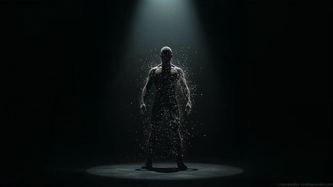 Virtual Figure with Digital Particles in Futuristic Spotlight