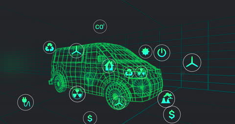 Futuristic 3D Van Model with Technology Icons Overlay