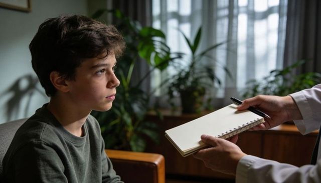 Teen boy listening during therapy session while therapist holding notebook