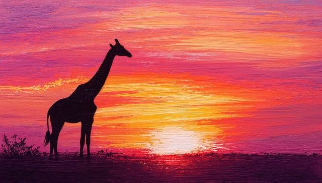 Silhouette of giraffe at sunset with vibrant brushstroke sky
