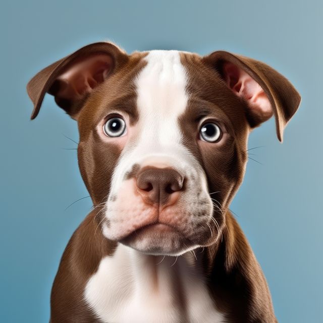 Close up portrait of brown and white pitbull puppy, created using generative ai technology. Animal, dog and pet concept digitally generated image.