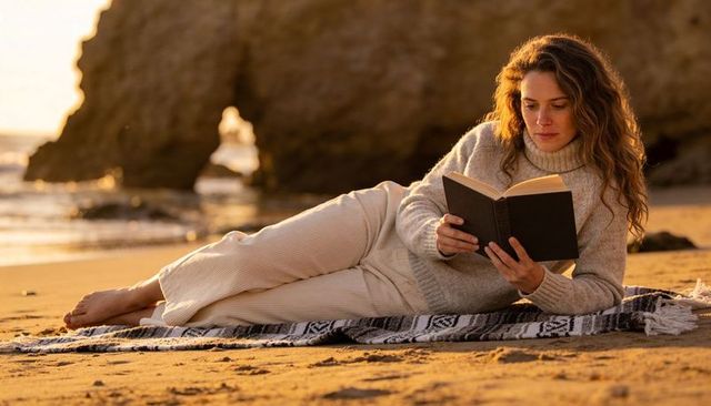 Woman reading on beach blanket at golden hour near rock arch relaxing coastal escape