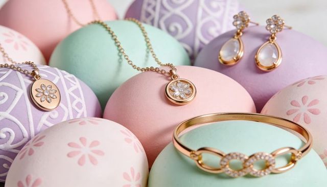 Displaying rose-gold bangle and floral pendants on pastel painted eggs for spring gifts