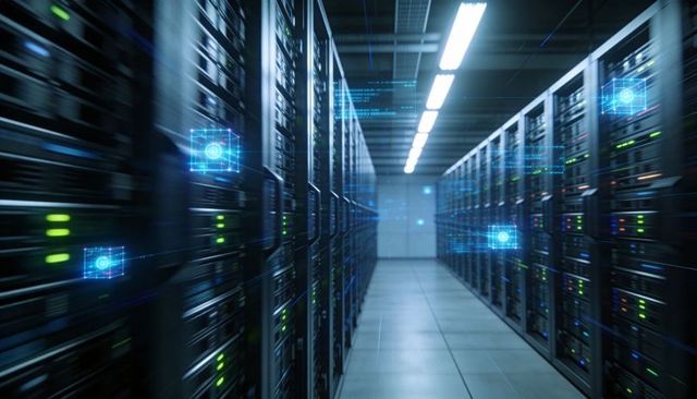 Glowing Data Center Aisle with Holographic Network Overlays and Motion Blur