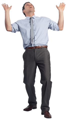 Transparent businessman posing with raised arms in enthusiasm