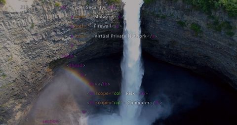 Digital data streams flowing over majestic waterfall