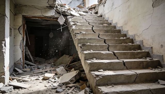Collapsed concrete staircase with central crack and rubble in derelict interior