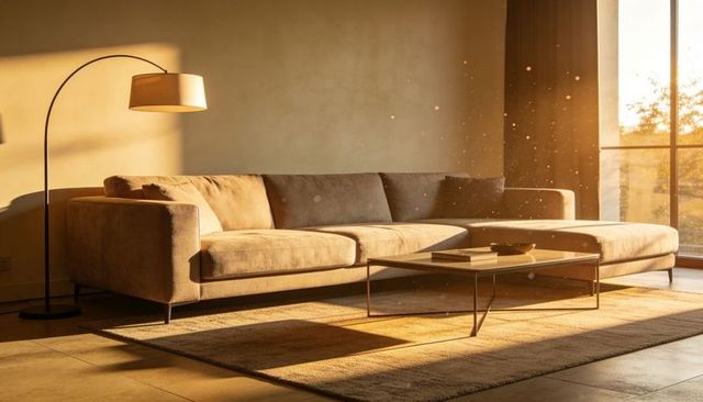 Tan sectional sofa basking in golden hour sunlight in minimalist living room neutral beige