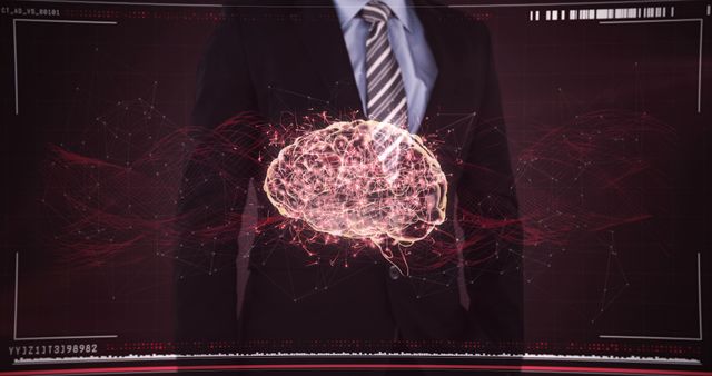 Businessman touching a digital screen with a rotating human brain - Download Free Stock Photos Pikwizard.com