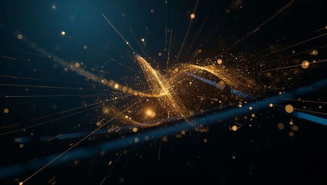 Glowing Golden Particle Ribbon Helix Emitting Cyan Strands and Sparkling Bokeh